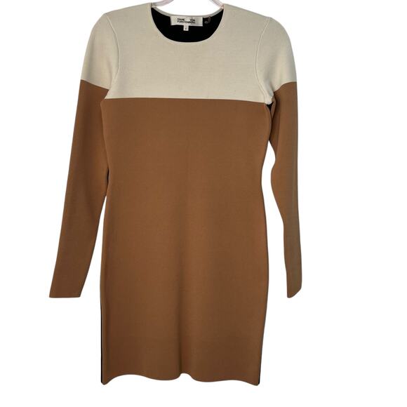 Diane Von Furstenberg Small Merino Wool Blend Sweater Dress Tan Black Colorblock - Picture 2 of 11